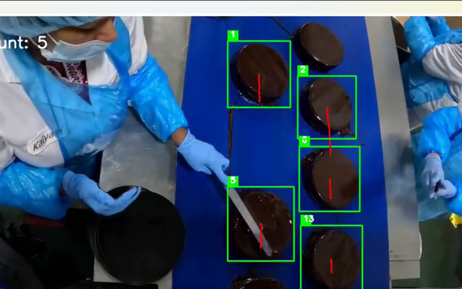 Cake Counting: Object detection and tracking count cakes on a bakery production line from a single overhead action camera.