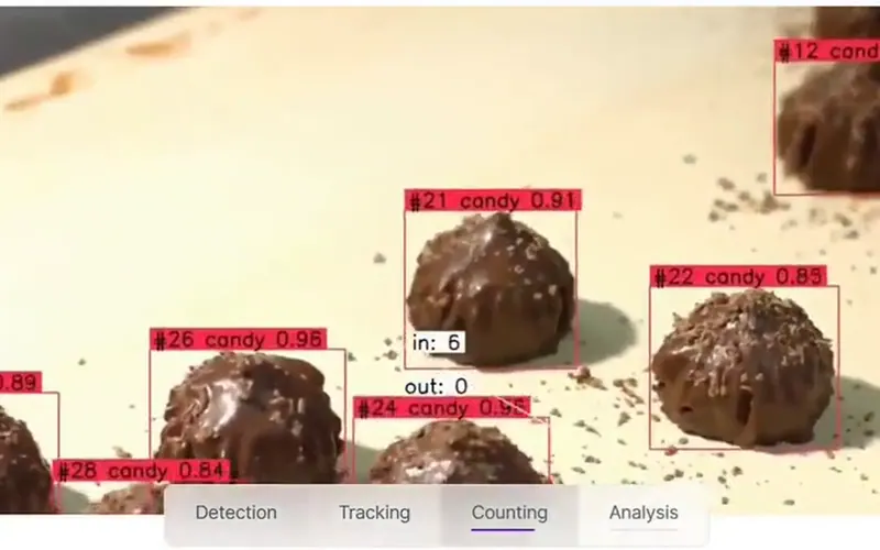 Candy Detection & Counting: each piece tracked across frames, even when it overlaps